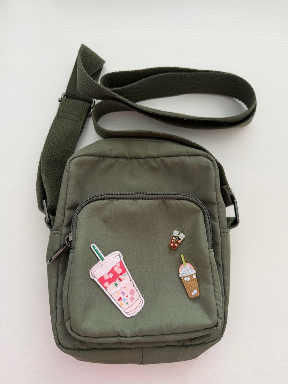 Crossbody Cargo Purse with Starbucks Pink Drink Disney Patch and Coffee Pins